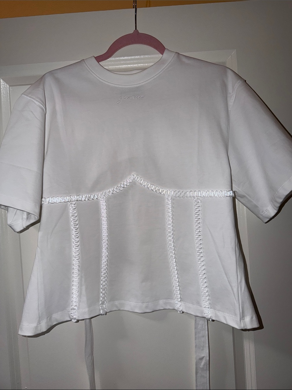 Ganni White Cropped T-Shirt with Corset Stitch Detail size XS Open Back